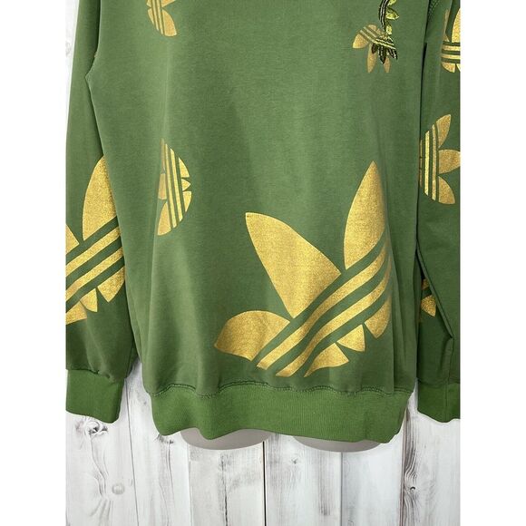 MENS ADIDAS GREEN GOLD METALLIC ALLOVER TREFOIL LOGO PULLOVER SWEATSHIRT S? - Picture 2 of 14